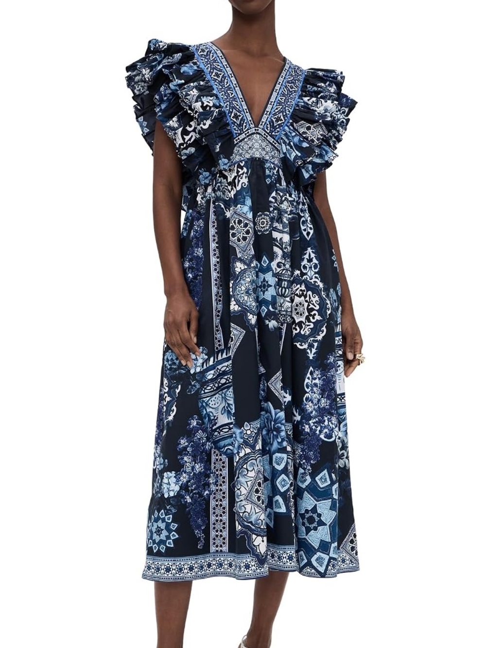 Camilla Blue V-Neck Ruffle Midi Dress